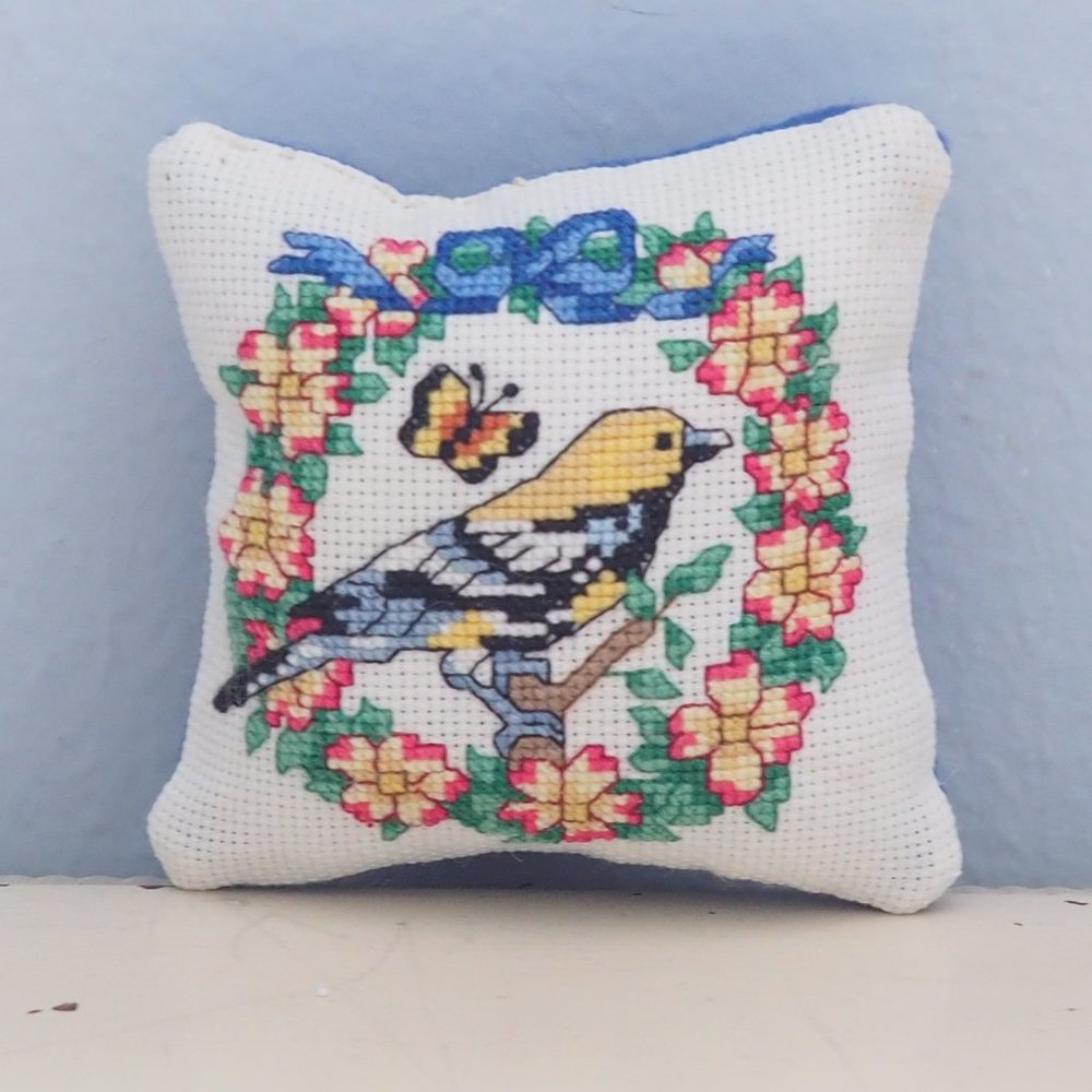 Handmade Goldfinch Cross-Stitch Pincushion